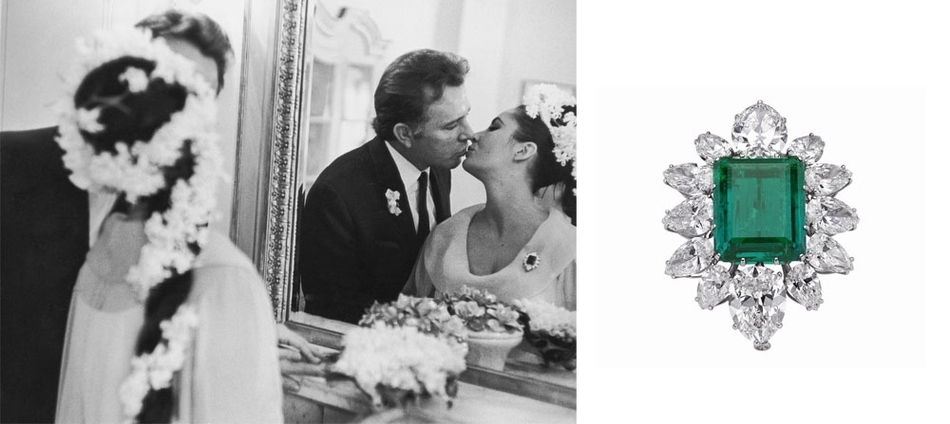 已故影星伊莉莎白泰勒(Elizabeth Taylor)在1964年與影星查理波頓(Richard Burton)的婚禮上,以一枚鑲嵌了18.61卡的祖母綠及綴以梨形切割鑽石的華麗胸針示人。